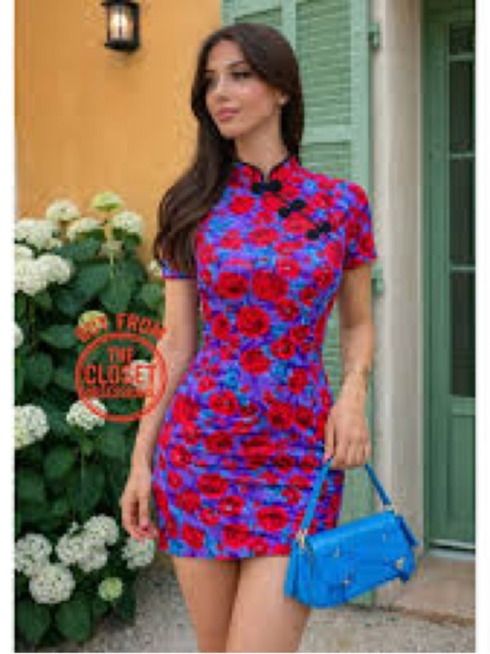 Zara Red Floral Mandarin-Collar Mini Dress on Blue